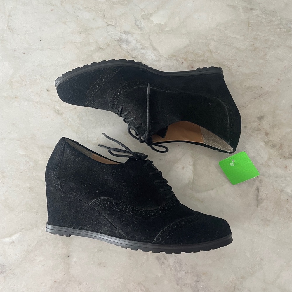 Black Suede Wedge Booties with Lace-Up Design